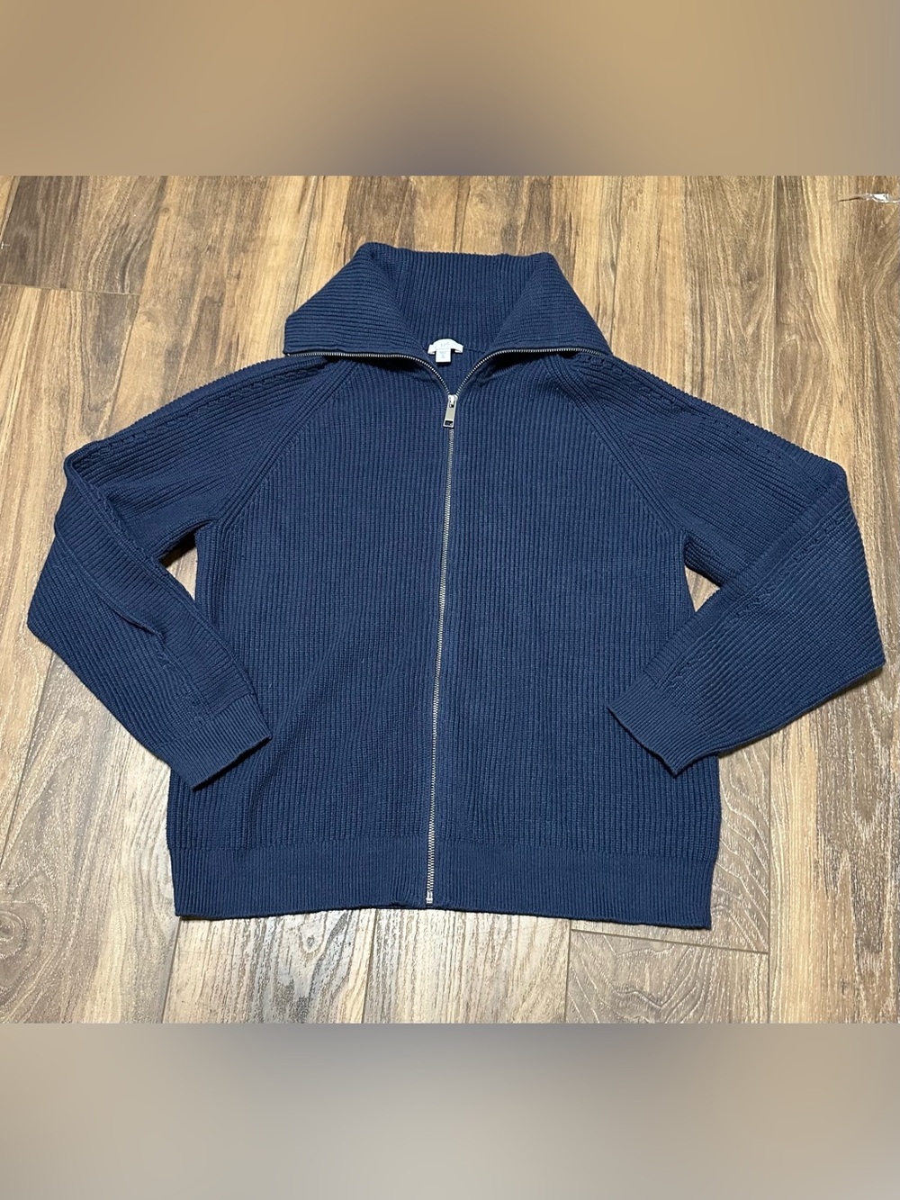 J Jill Navy Blue Ribbed Knit Full Zip Mock Neck Collared Sweater Cardigan M Tall